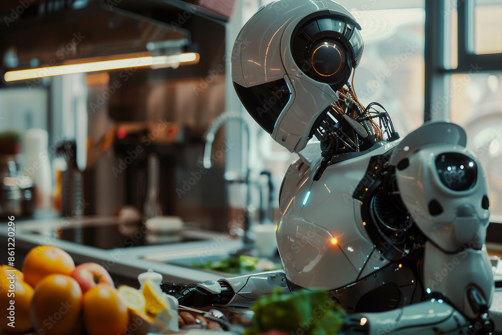 Generative AI creative picture Robot cyborg in activities of daily life house duties living together with people Generative AI creative picture Robot cyborg in activities of daily life house duties living together with people