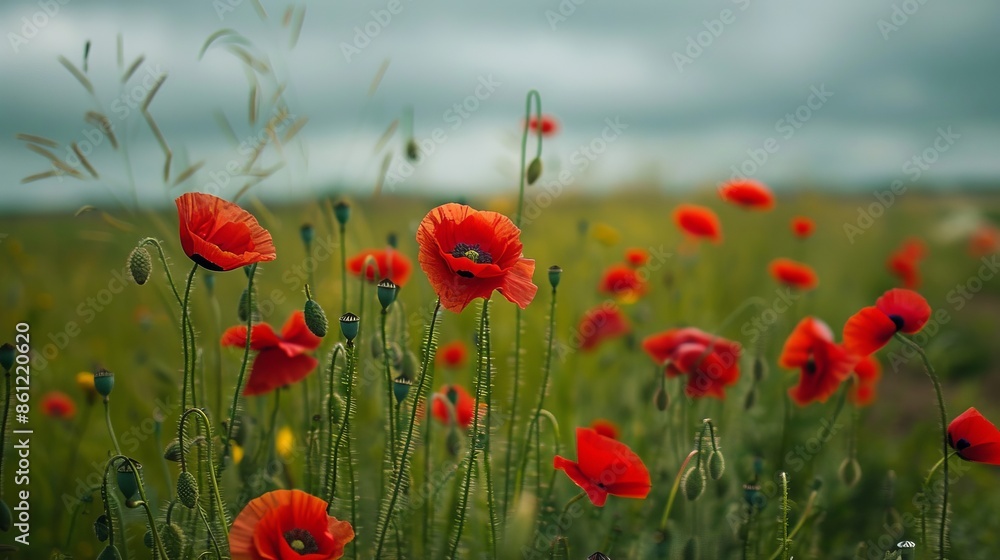 Fototapeta premium Wild red poppies blooming in the spring