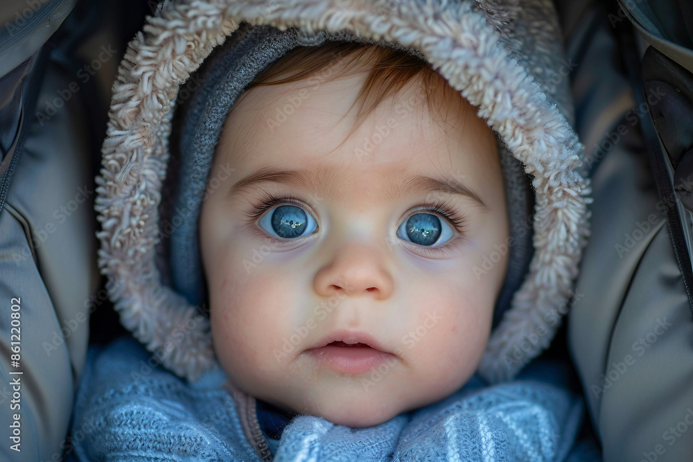 Beautiful lovely baby in carriage or carseat spending family time traveling or promenading, Generative AI Beautiful lovely baby in carriage or carseat spending family time traveling or promenading, Generative AI