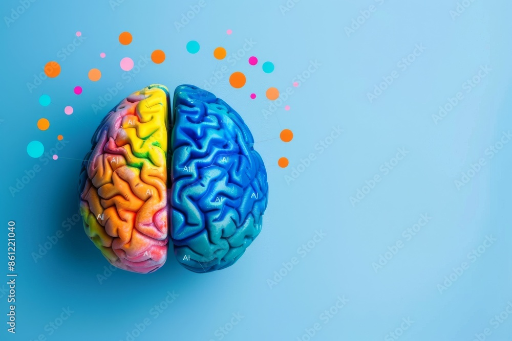 Colorful brain model with plastic balls on a blue background, representing AI, creativity, learning, and cognitive science in a playful and educational manner Colorful brain model with plastic balls on a blue background, representing AI, creativity, learning, and cognitive science in a playful and educational manner