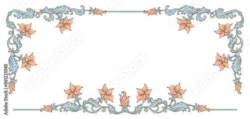 Vintage ornament frame in baroque victorian style with drawn fine lines detailed foliage and flowers. photo