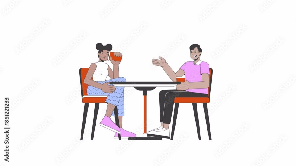 Multiethnic friends taking in coffeeshop line 2D characters animation. Lunch with colleague flat color cartoon 4K video, alpha channel. Adults enjoying drinks animated people on white background Multiethnic friends taking in coffeeshop line 2D characters animation. Lunch with colleague flat color cartoon 4K video, alpha channel. Adults enjoying drinks animated people on white background
