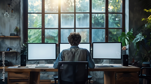 Wallpaper Mural businessman working with multiple computer screens Torontodigital.ca
