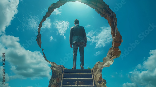 businessman standing on ladder