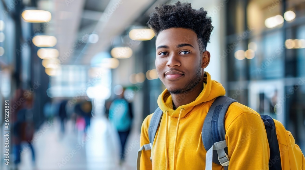 Fototapeta premium A young man with a backpack smiles while walking through a modern building