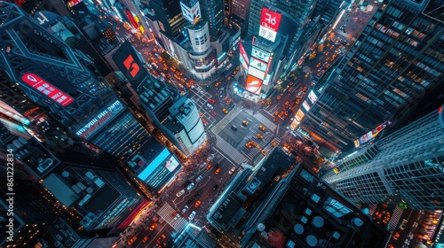 Aerial view of a bustling Asian city with night lights © mon