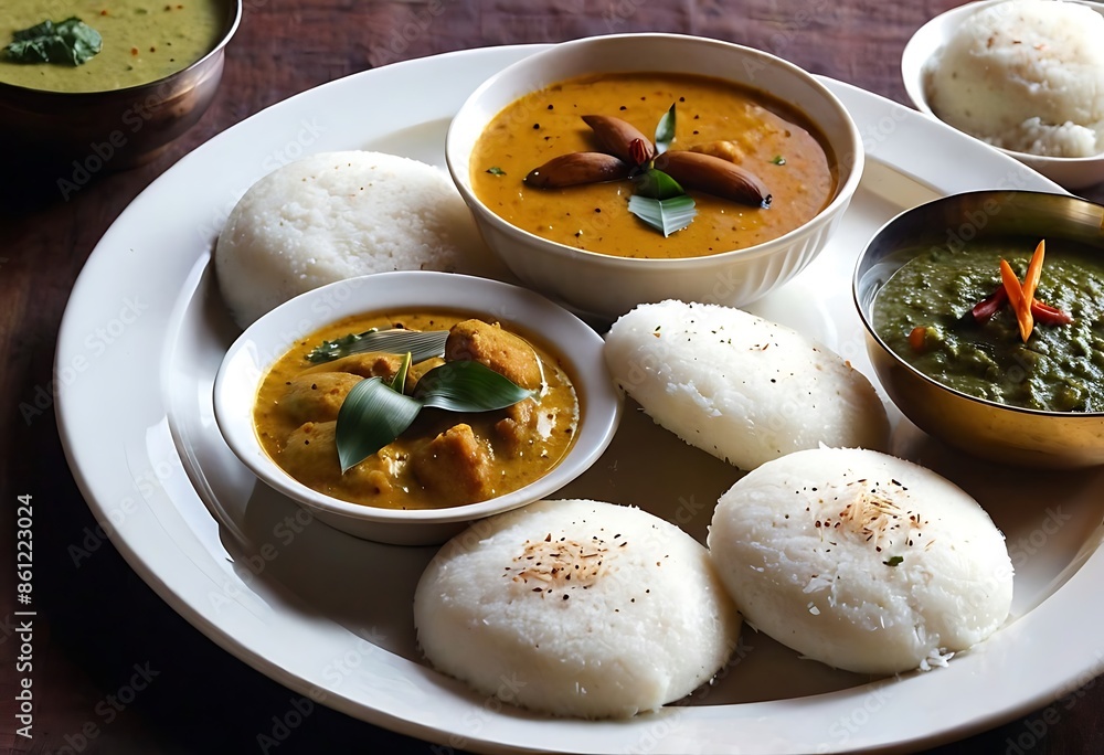 Delicious Indian Dish Idli or idly with Sambar and coconut chutney and green chutney Delicious Indian Dish Idli or idly with Sambar and coconut chutney and green chutney