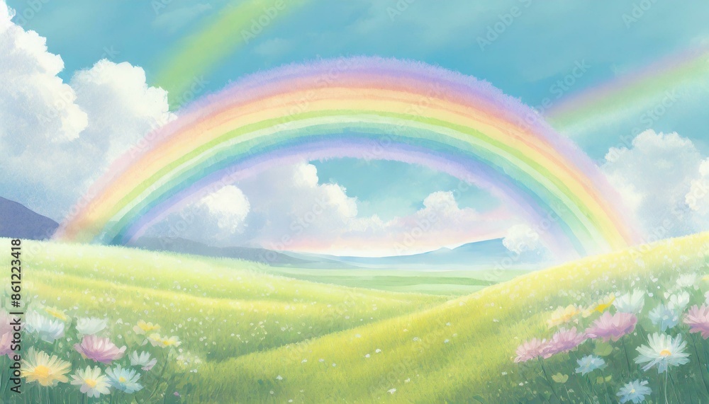 Obraz premium 大きな虹と草原の背景イラスト