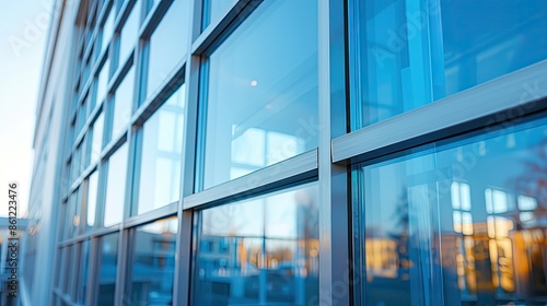 Architectural detail of a modern window with reflective glass