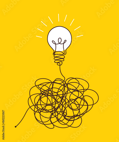 Confusion clarity or path concept idea with lightbulbs. Journey of tangled wires leading to a bright bulb. Business solutions searching. Vector illustration