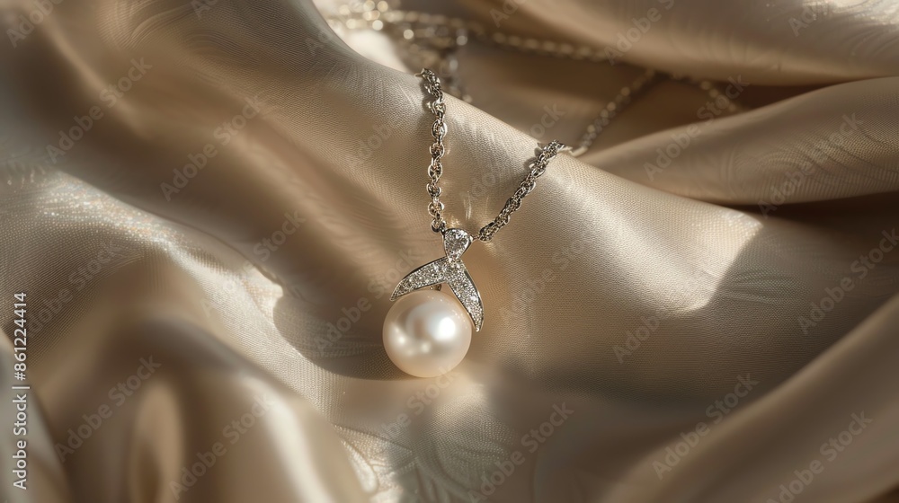 Sophisticated diamond and pearl pendant, resting on a silk cloth Sophisticated diamond and pearl pendant, resting on a silk cloth