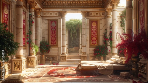 Emperor bedroom. Breathtaking interior of roman empire buildings. Empty room with columns, molding, plants in ancient style & design. 