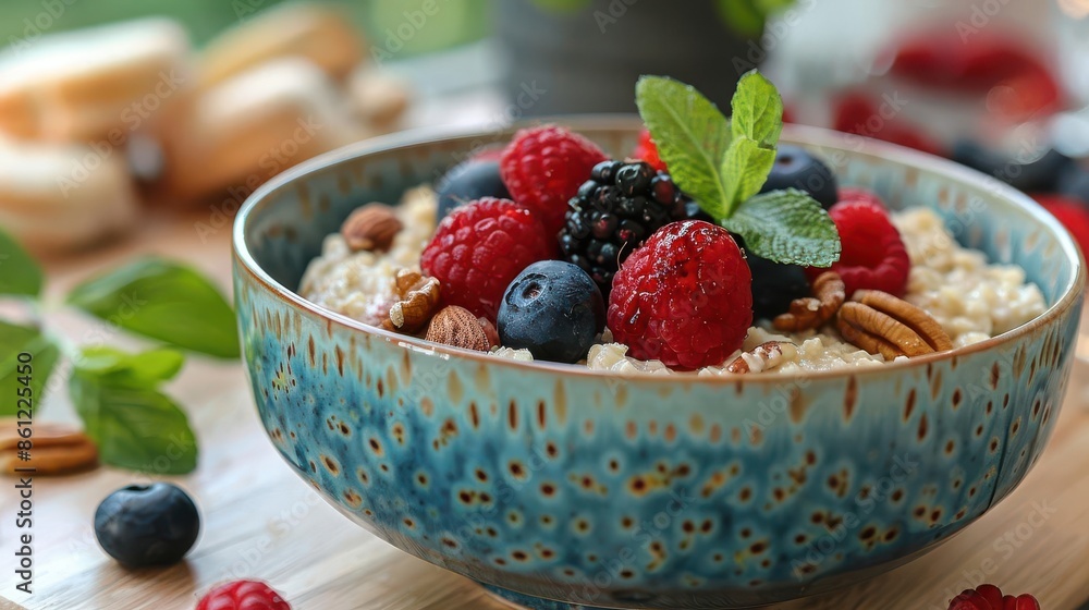 Hearty oatmeal bowl with fresh fruit and nuts, Hygge style, soft and natural colors, illustration, comforting and wholesome atmosphere Hearty oatmeal bowl with fresh fruit and nuts, Hygge style, soft and natural colors, illustration, comforting and wholesome atmosphere
