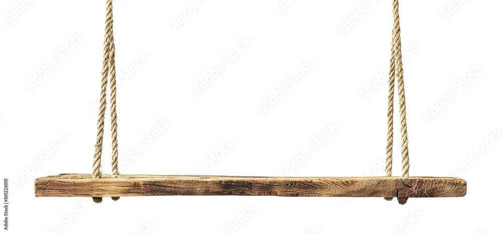 Wooden swing shelf hanging from ropes, cut out Wooden swing shelf hanging from ropes, cut out