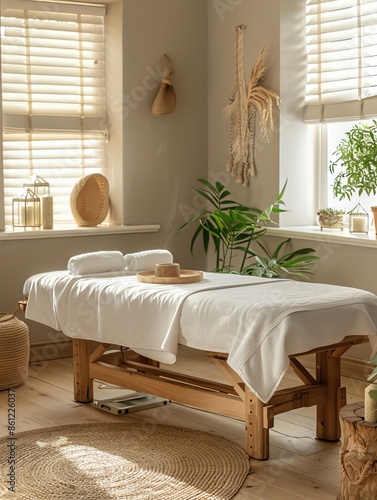 Peaceful Spa Room with Massage Table and Copy Space