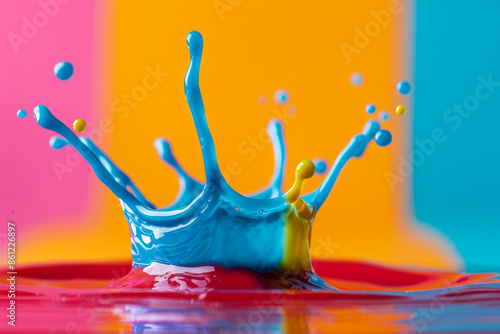 Colorful paint splashes merging in water, isolated on a gradient background 