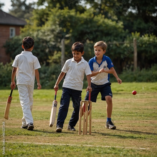 Three boys are playing cricket on a grassy field. They are all wearing cricket whites.