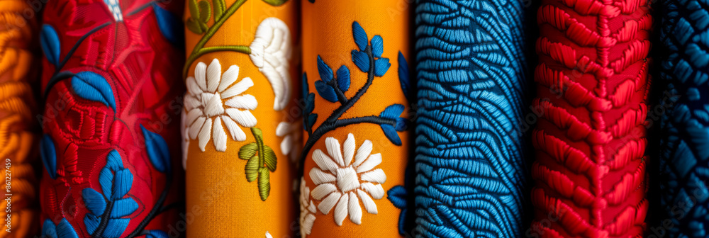 Detailed close-up shots of vibrant batik fabric patterns on textile backgrounds Detailed close-up shots of vibrant batik fabric patterns on textile backgrounds