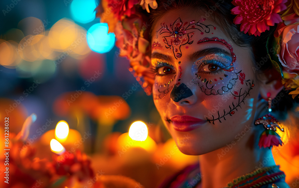 Young latin woman is celebrating the day of the dead with a floral headdress and sugar skull makeup Young latin woman is celebrating the day of the dead with a floral headdress and sugar skull makeup