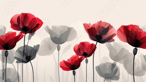 A painting of red and black flowers with a white background