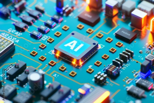 AI microchip with glowing circuits on a motherboard, symbolizing advanced artificial intelligence, futuristic computing, and cutting edge technology