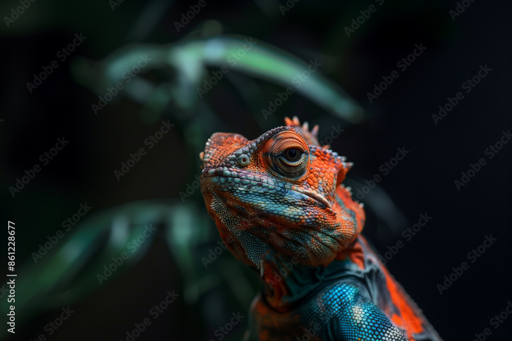 A colorful lizard with red and blue scales, captured in a close-up against a dark background A colorful lizard with red and blue scales, captured in a close-up against a dark background
