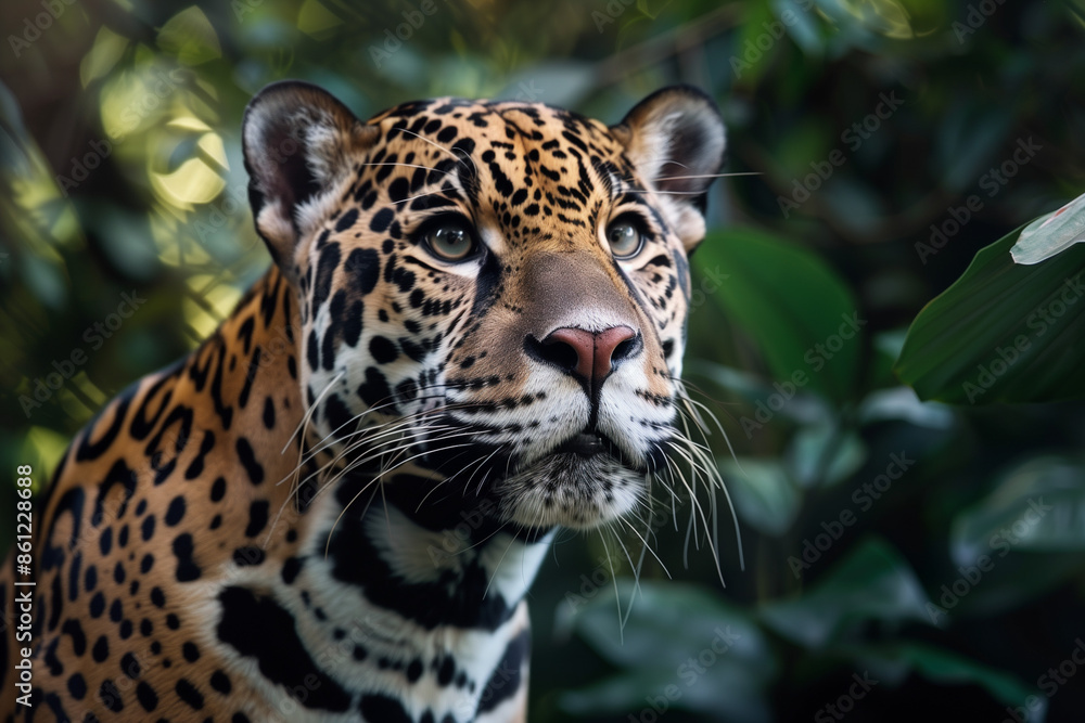 Obraz premium A jaguar with striking spots, captured in a close-up against a green, leafy background