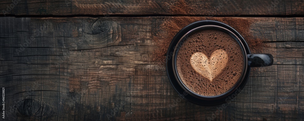 A cup of coffee with a heart-shaped design on the froth, placed on a rustic wooden table, perfect for romance or morning thoughts. A cup of coffee with a heart-shaped design on the froth, placed on a rustic wooden table, perfect for romance or morning thoughts.