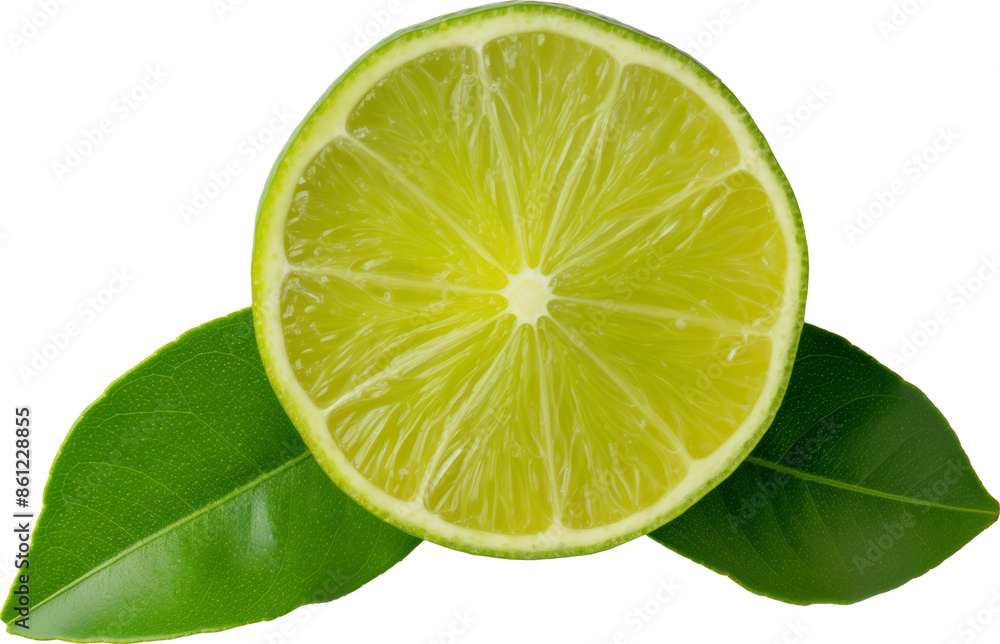 A sliced lime with green leaves isolated on transparent background. A sliced lime with green leaves isolated on transparent background.
