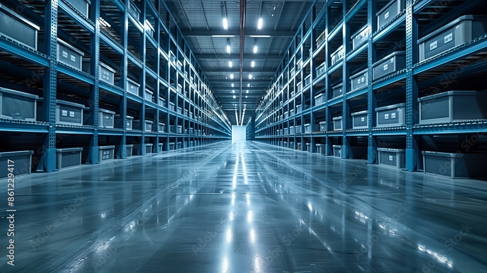 A perspective view of a long aisle in a contemporary warehouse. Tall metal shelving units are stocked neatly with labeled boxes. A perspective view of a long aisle in a contemporary warehouse. Tall metal shelving units are stocked neatly with labeled boxes.