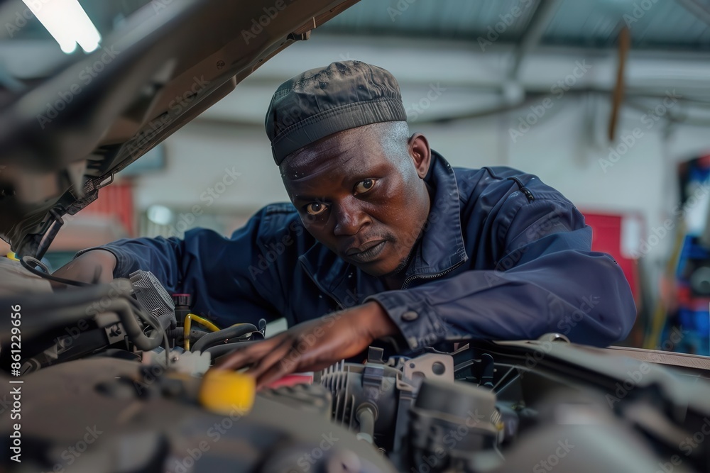skilled mechanic leaning over open car hood in pristine wellorganized garage focusing intently on intricate electronic components skilled mechanic leaning over open car hood in pristine wellorganized garage focusing intently on intricate electronic components
