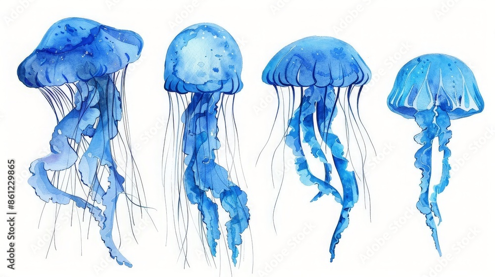 Watercolor Painting of Four Blue Jellyfish Watercolor Painting of Four Blue Jellyfish