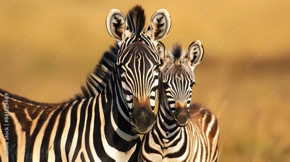 Fototapeta premium Plains zebra and foal stand facing camera. 