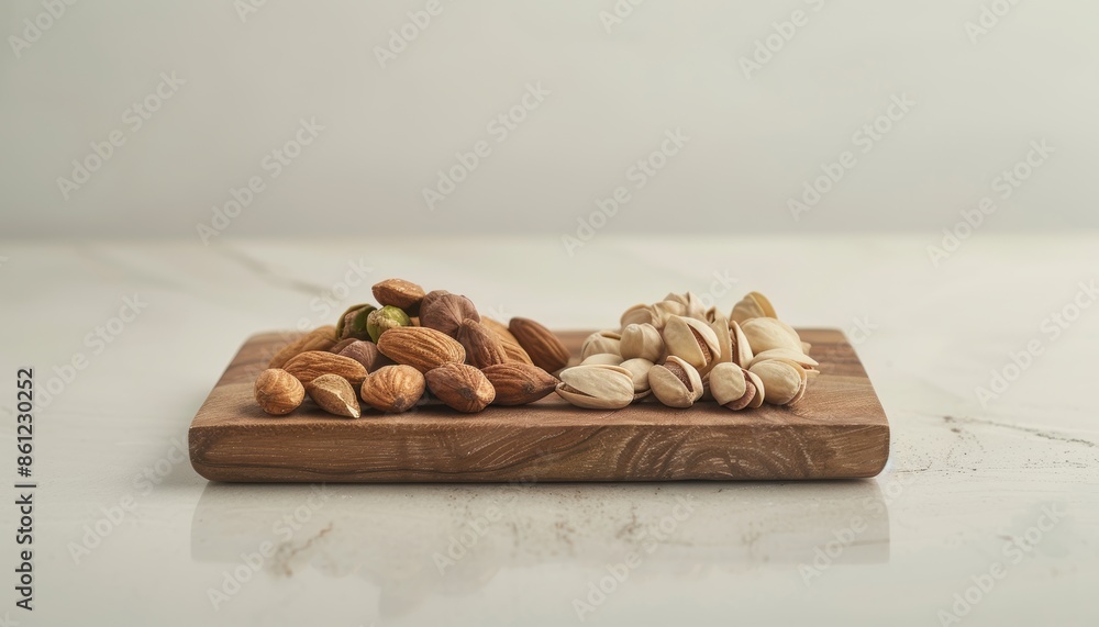 A variety of nuts including almonds and pistachios displayed on a wooden cutting board against a light background. A variety of nuts including almonds and pistachios displayed on a wooden cutting board against a light background.