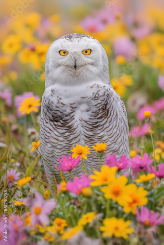 Snowy owl standing in field of flowers photo