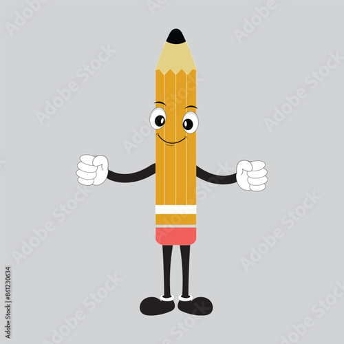 Hand drawn cute illustration school pencil character with smiling face. Flat icon college stationery with rubber in colored doodle style. Education or study sticker, icon. Back to school. Isolated.