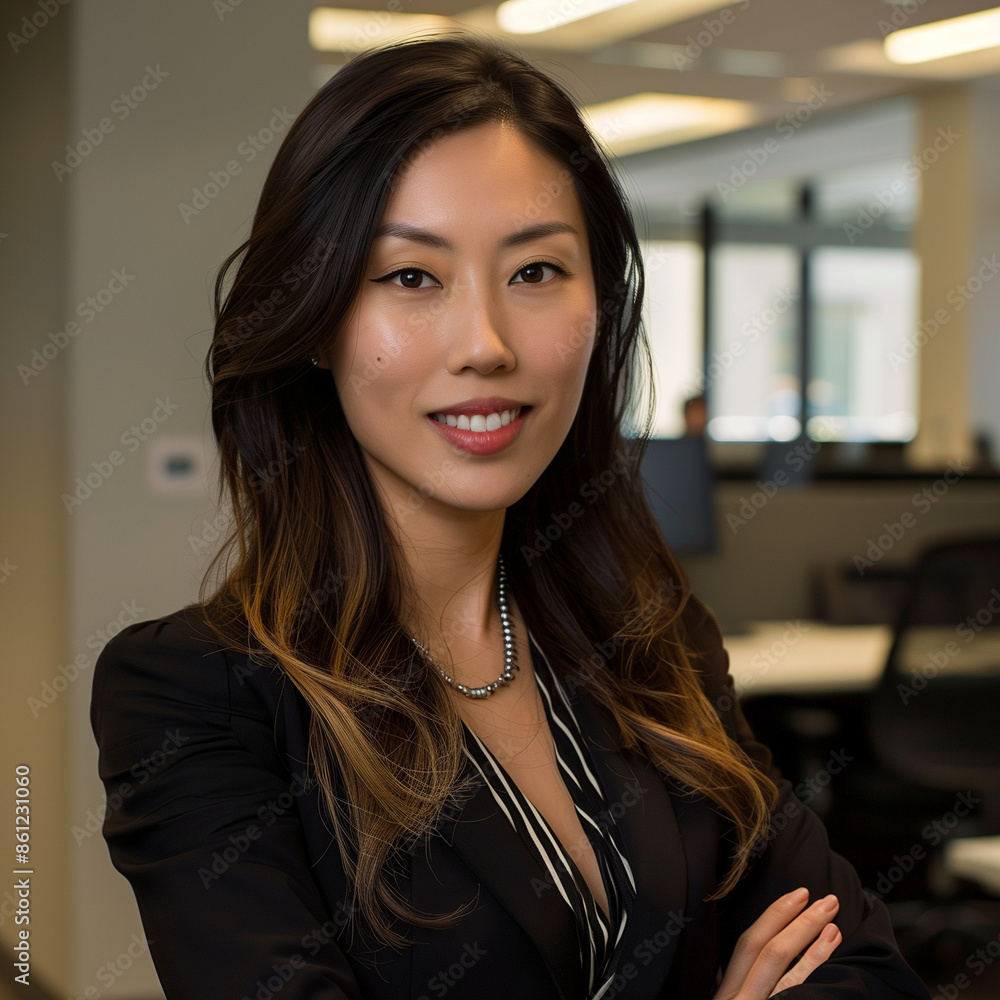 A smiling professional woman in a suit, standing with arms crossed in a modern office setting A smiling professional woman in a suit, standing with arms crossed in a modern office setting