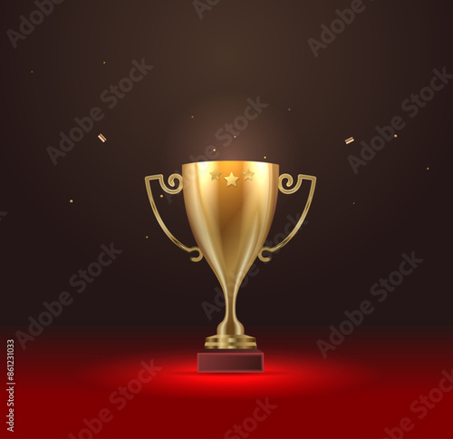 Abstract gold champion trophy in futuristic glowing low polygonal style isolated on black background. Championship, cup winner concept. Modern abstract connection design vector illustration.