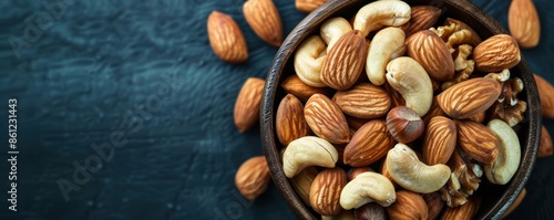 Assorted nuts including almonds, cashews, and walnuts in a bowl on a dark background. Healthy snack option.