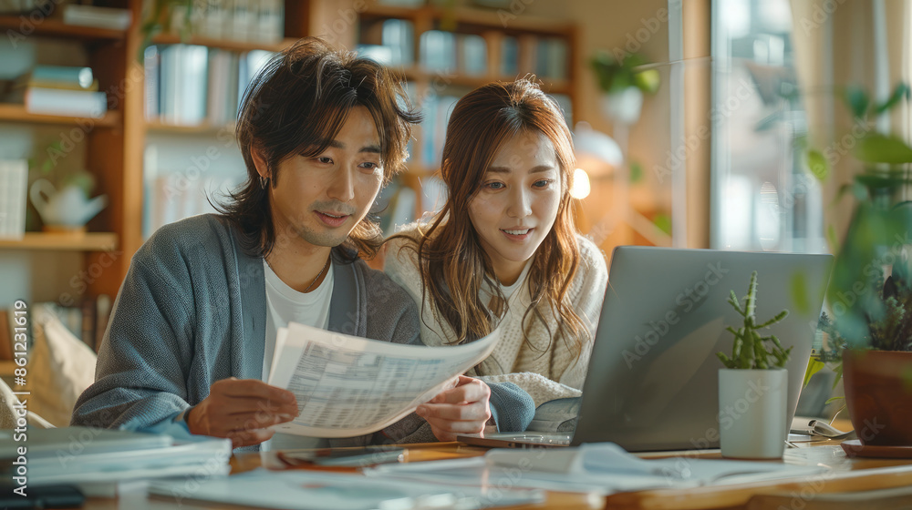 A Japanese couple is seen working together on financial planning, with documents and a laptop on the table. Generative AI. A Japanese couple is seen working together on financial planning, with documents and a laptop on the table. Generative AI.