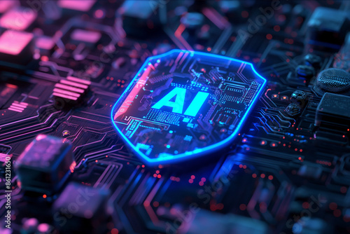 Futuristic AI microchip with a glowing blue shield, integrated into a circuit board with illuminated components