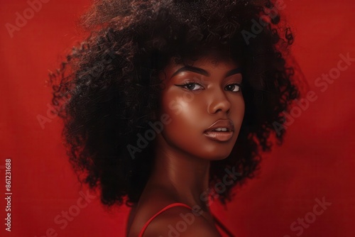 striking portrait of darkskinned woman with voluminous afro hairstyle against rich chocolatecolored backdrop celebrating natural beauty