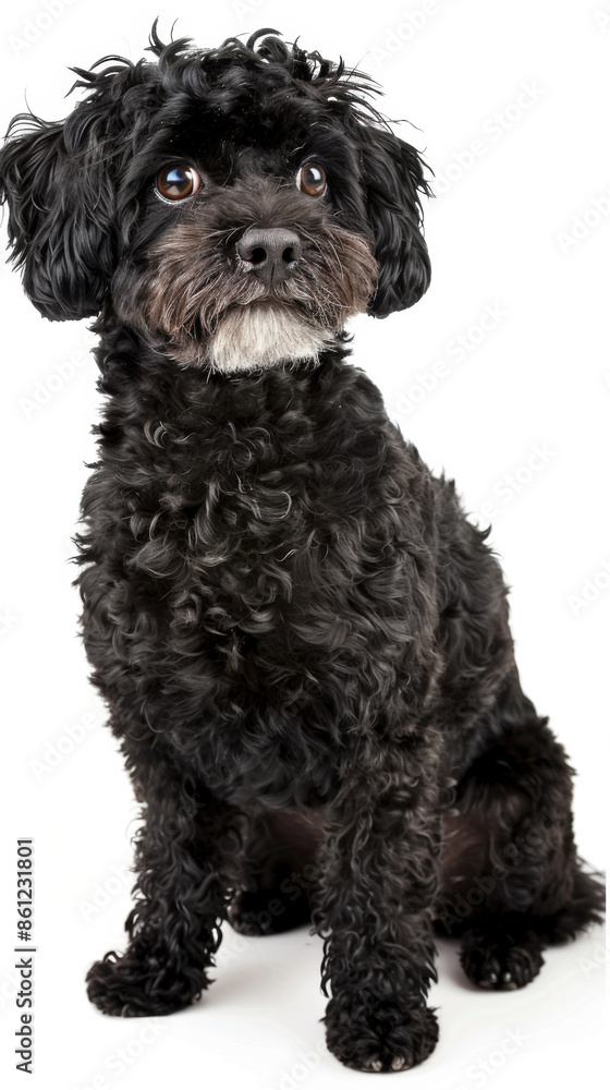 A black nice bolonka dog with a fluffy coat sits on a white background A black nice bolonka dog with a fluffy coat sits on a white background