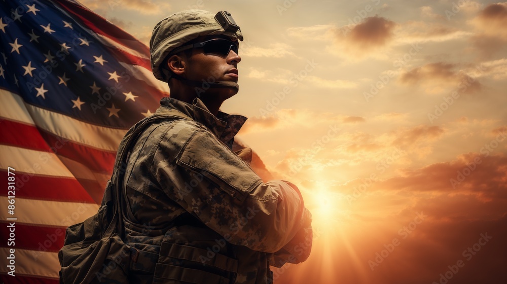 A soldier stands proud in front of the American flag at sunset, symbolizing patriotism and sacrifice. A soldier stands proud in front of the American flag at sunset, symbolizing patriotism and sacrifice.