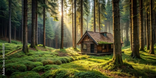 House tucked away in a secluded forest clearing, woods, nature, cabin, home, wooden, tranquil, remote, peaceful