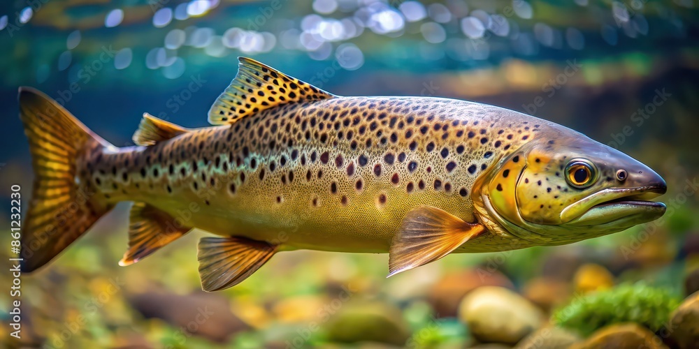 Close-up of a beautiful Brown trout swimming in an aquarium, Brown trout, Salmo trutta fario, fish tank Close-up of a beautiful Brown trout swimming in an aquarium, Brown trout, Salmo trutta fario, fish tank