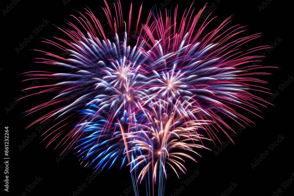 Vibrant fireworks display featuring bursts of red, pink, and blue colors against a black night sky. Vibrant fireworks display featuring bursts of red, pink, and blue colors against a black night sky.