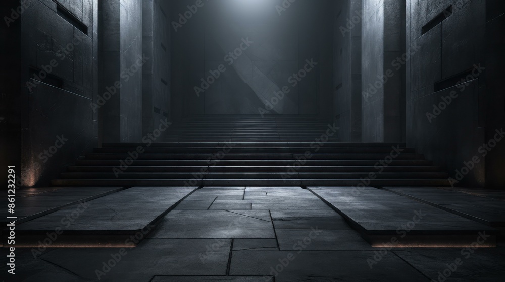 Atmosphere Dark and dim concrete corridor leading to mysterious stairs. Atmosphere Dark and dim concrete corridor leading to mysterious stairs.