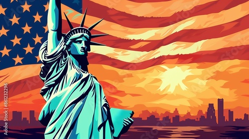 Illustration of the Statue of Liberty with the American flag background, showcasing patriotism and liberty with a vibrant city skyline and sunset hues.