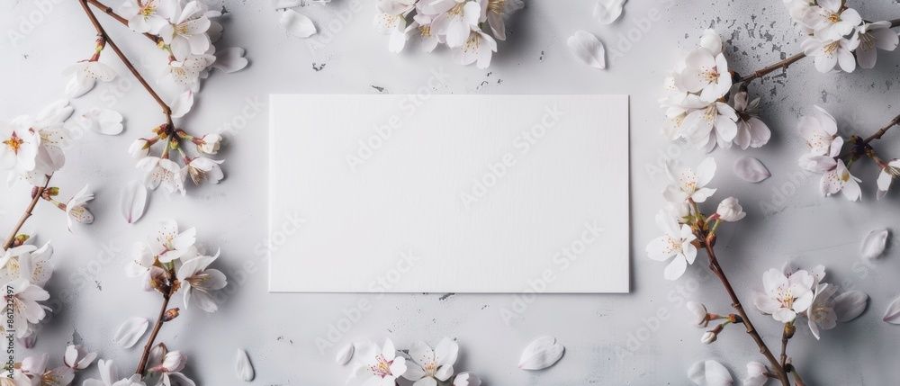 Blank white card surrounded by delicate white flowers on a light background, perfect for wedding invitations or spring promotions. Blank white card surrounded by delicate white flowers on a light background, perfect for wedding invitations or spring promotions.